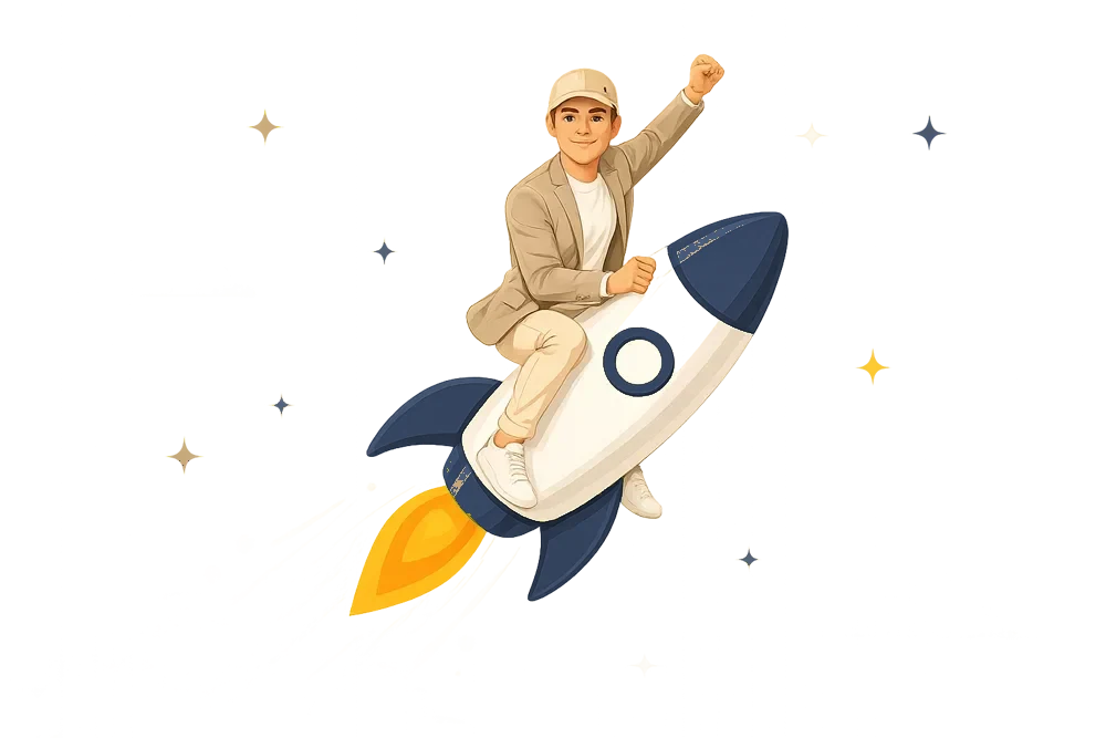Illustration: Marc Richter fliegt auf einer Rakete nach oben